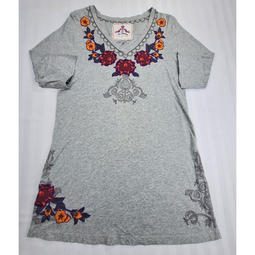 JW Los Angeles Johnny Was Gray Floral Embroidered V-Neck Tunic Top Large